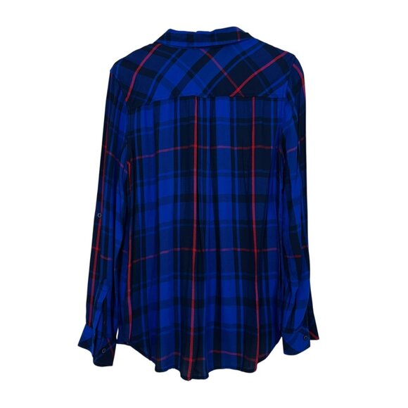 A.N.A Womens Button-Up Plaid Shirt Size M Blue & Red 100% Rayon - Picture 11 of 12
